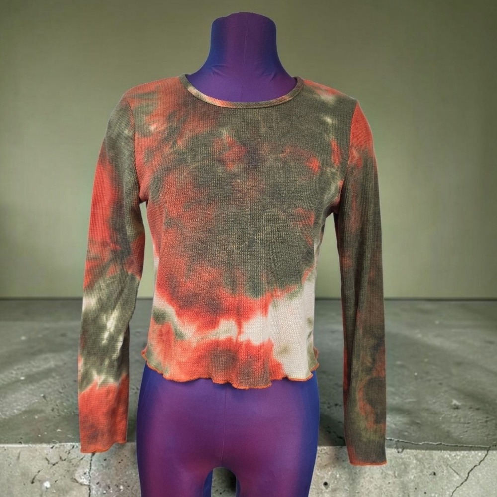 Y2K Discreet Tie Dye Thermal Knit Top Olive Green Waffle Long Sleeve Large